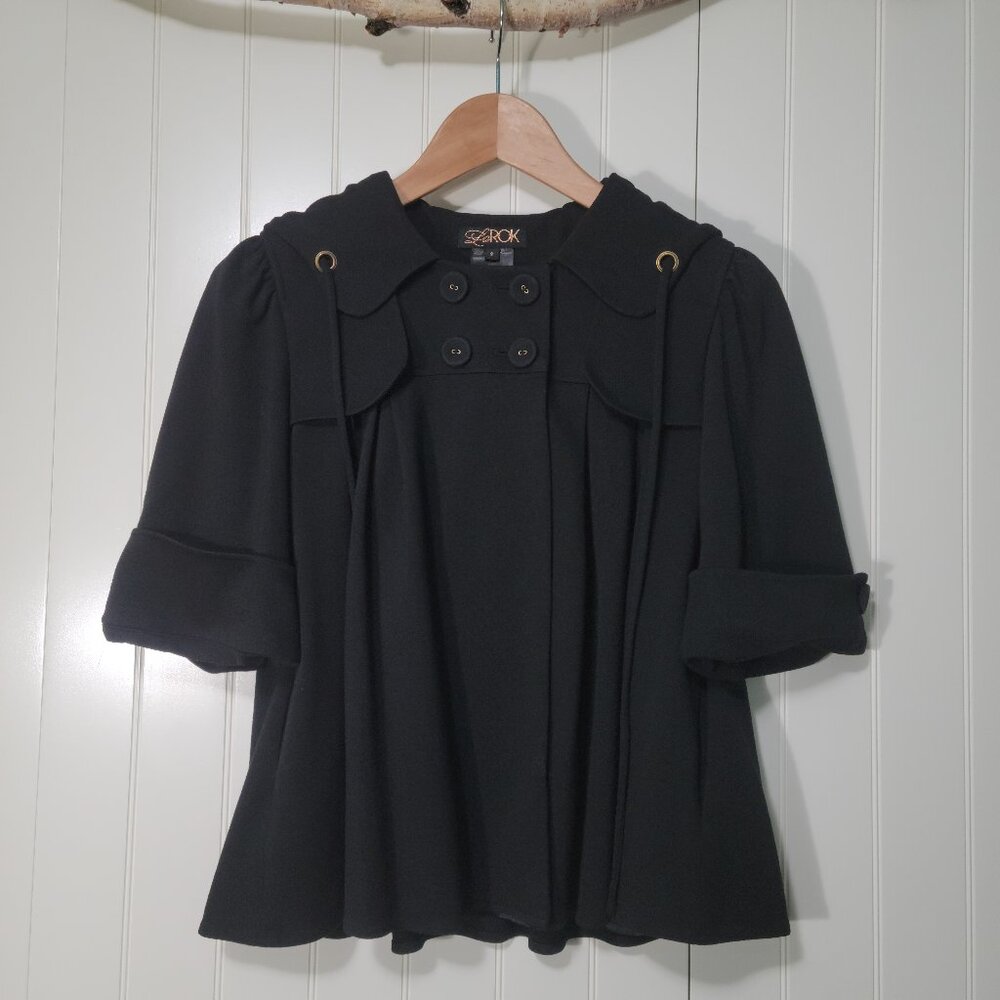 LaRok Black Double-Breasted Capelet Pan Collar Hooded Swing Jacket Overcoat S